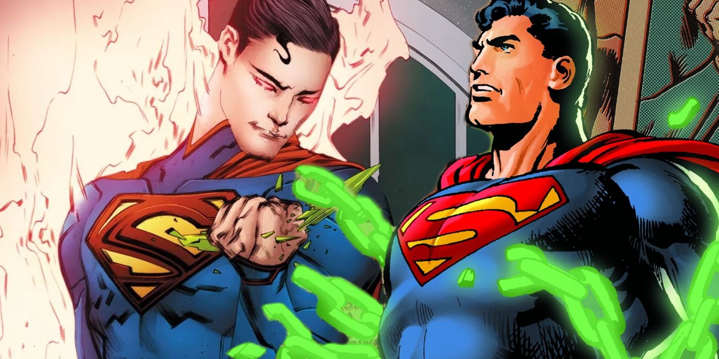 Superman breaking kryptonite shard and chains