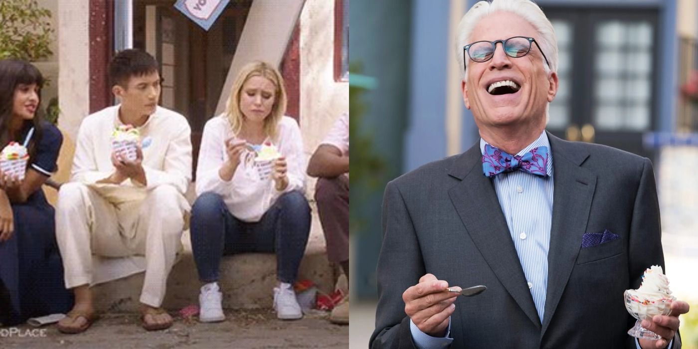 Split image of Ted Danson and Kristen Bell eating frozen yogurt in The Good Place.