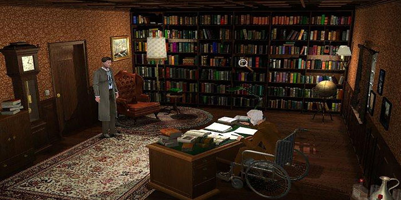Detective Brent Halligan searches a library in the game The Mystery of the Druids