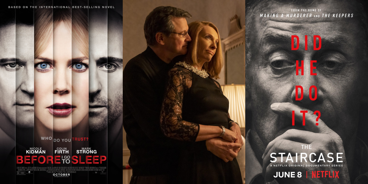 Split image of posters for Before I Go To Sleep and The Staircase, with a scene from the fictional version of The Staircase