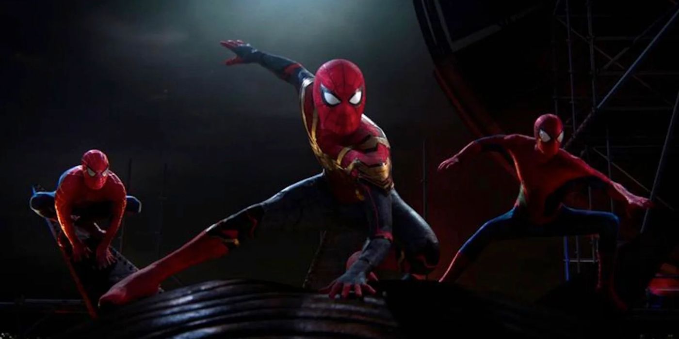 the three versions of Spider-Man as seen in Spider-Man No Way Home get ready to fight