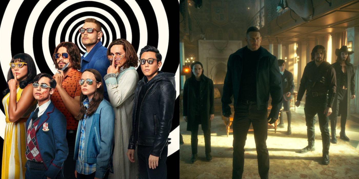 Split image showing the main characters of The Umbrella Academy.