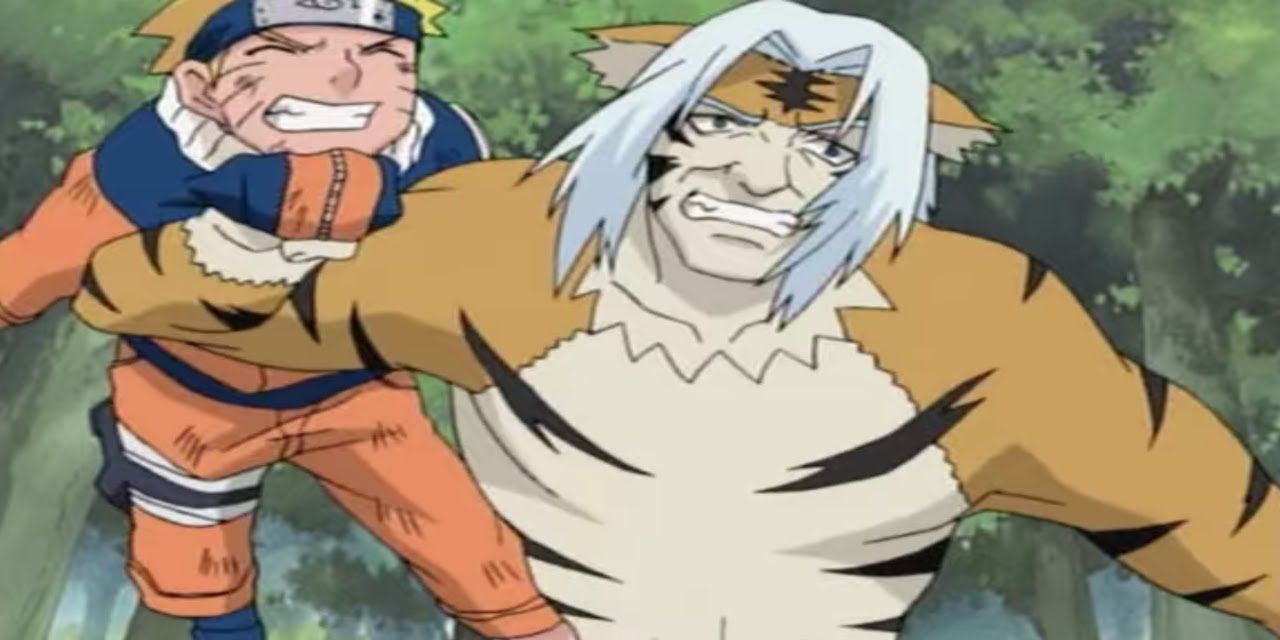 Mizuki, transformed into a tiger monster, grabs and throws Naruto in Naruto.