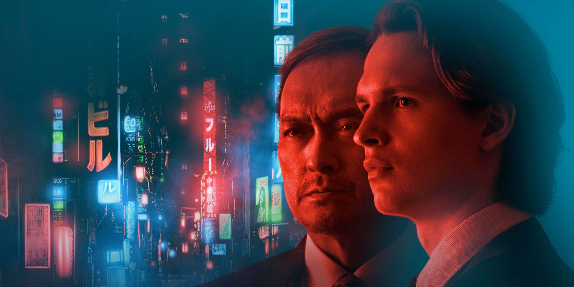Neon-colored Tokyo Vice promo art featuring Ken Watanabe and Ansel Elgort's characters.