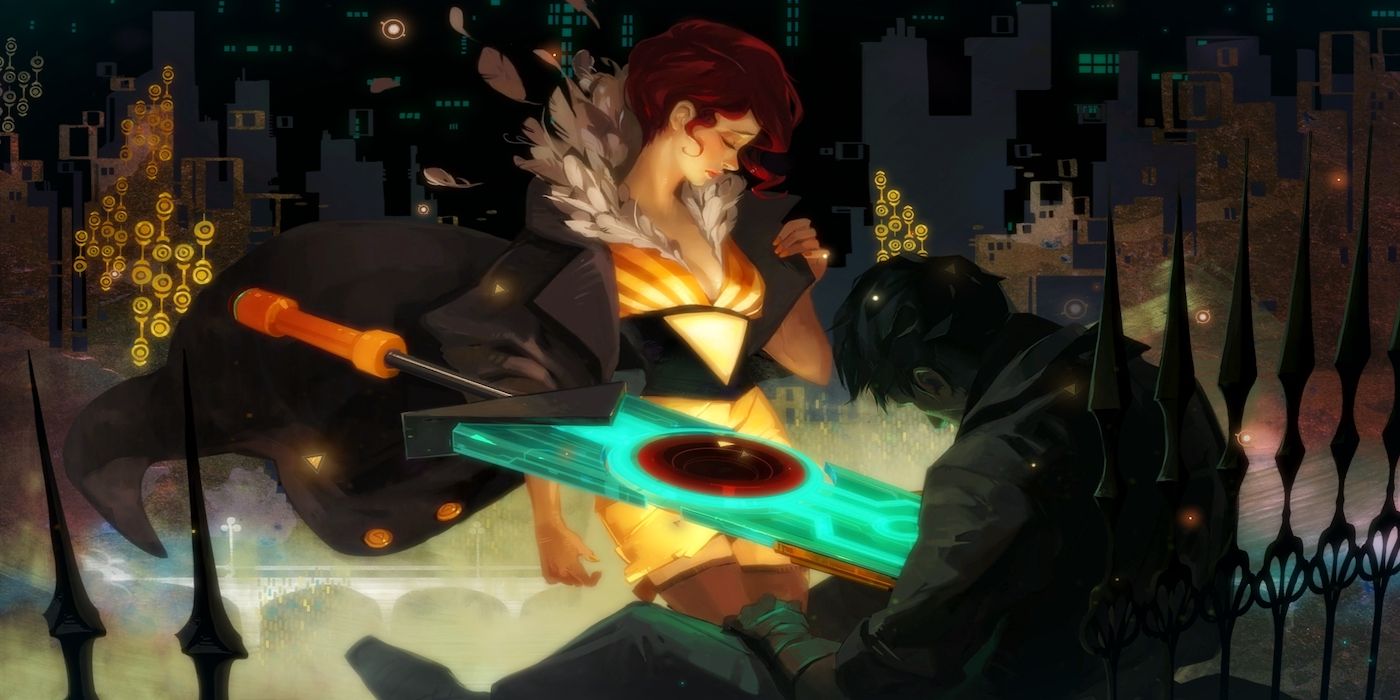 A screenshot of Red and her murdered lover at the start of the game Transistor