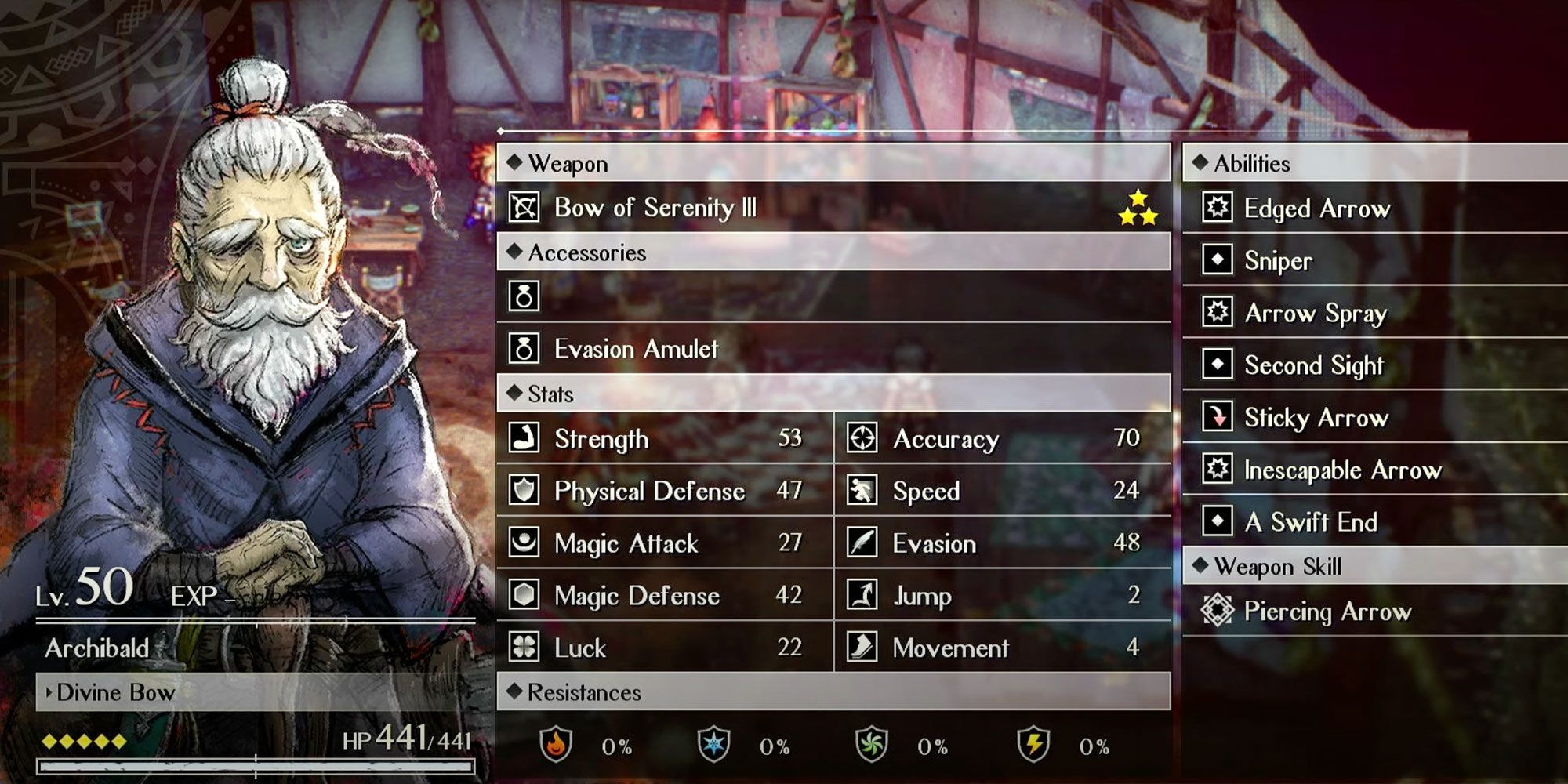 The stat screen for Archibald.