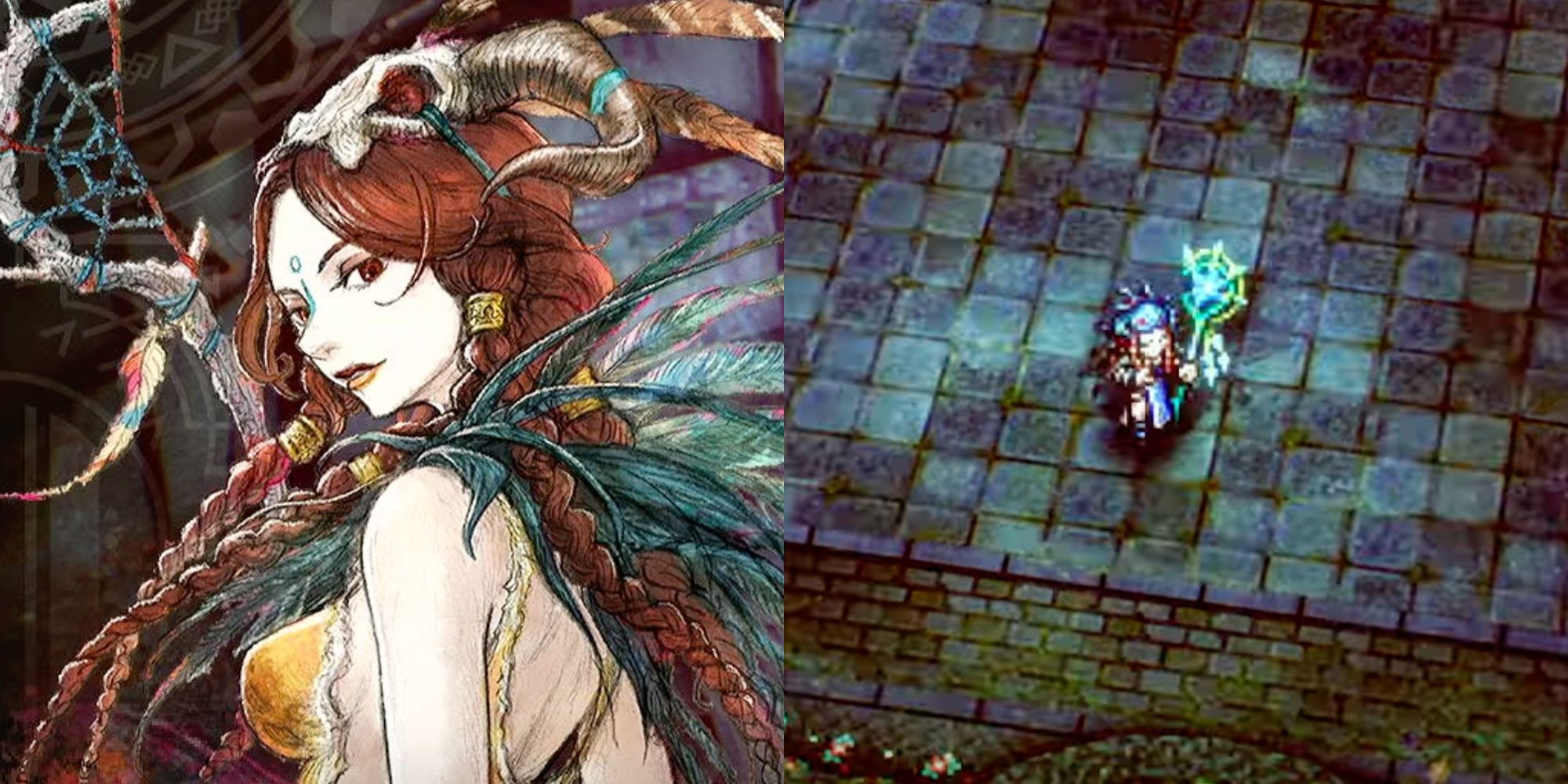 A split image of Ezana&rsquo;s character art and a battle still.