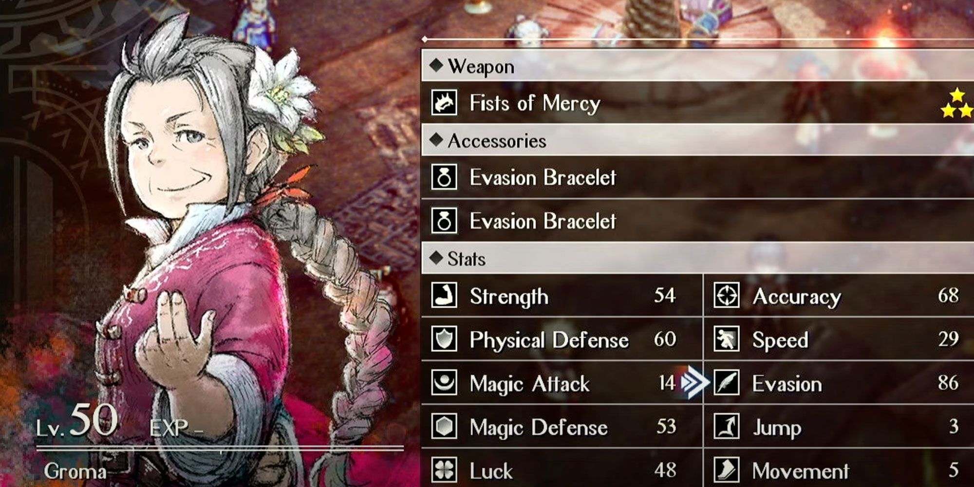 The stat screen for Groma.