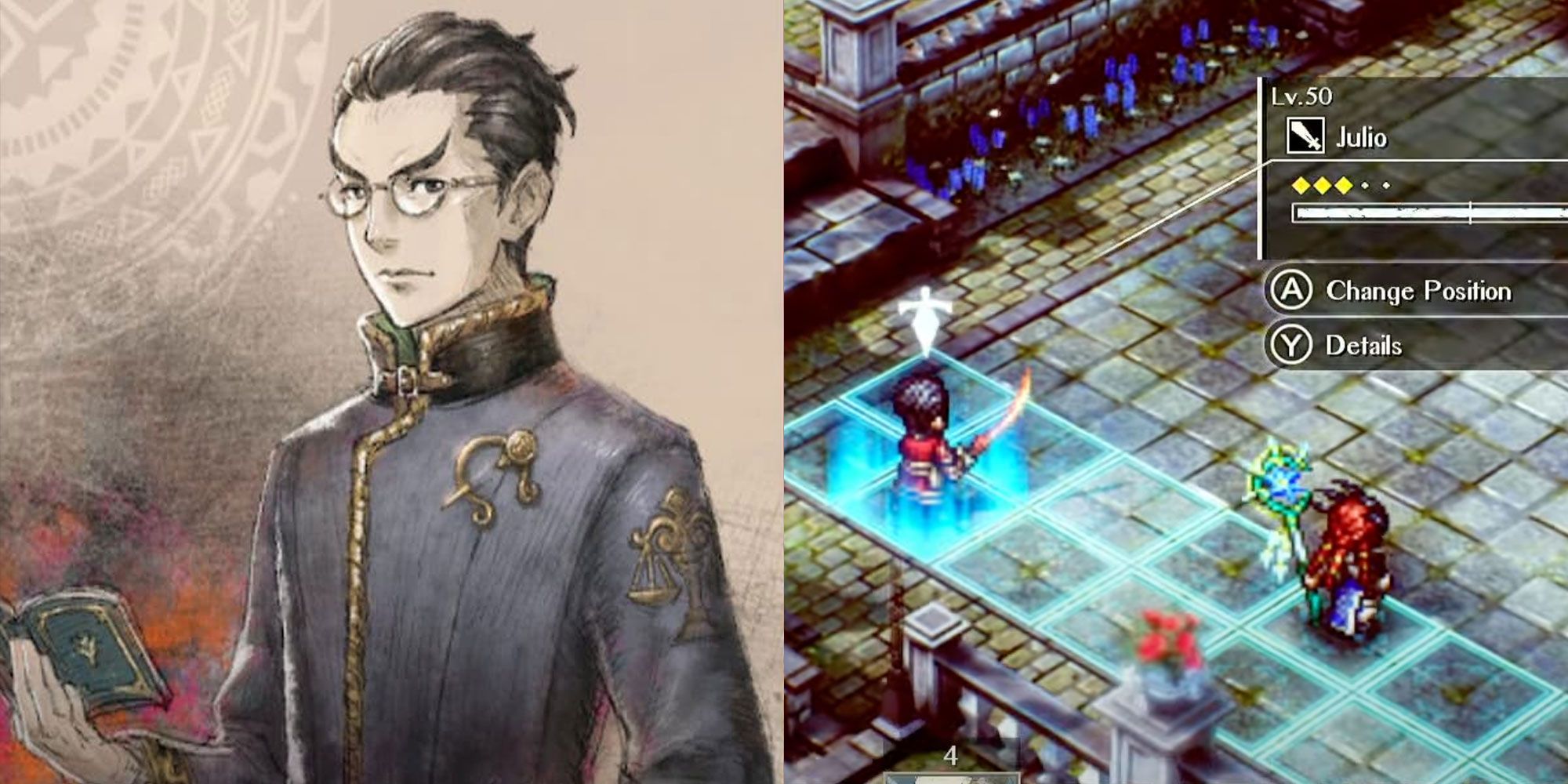 A split image of character art and a battle screenshot featuring Julio.