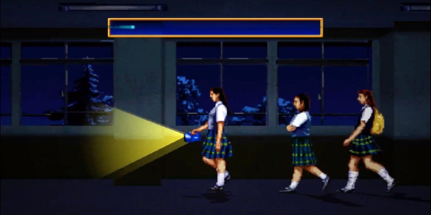 A screenshot of the three main characters, Yukari Hasegawa, Chisato Itsushima, and Mika Kishii, wandering around their school at night during the first case in the game Twilight Syndrome