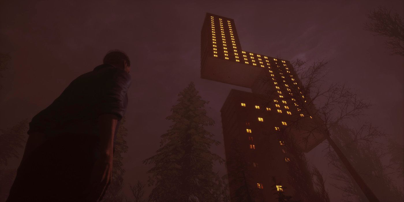 The protagonist looks at a crooked building in the game Typical Nightmare.