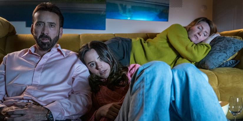 Sharon Hogan sleeping on the couch in The Unbearable Weight of Massive Talent
