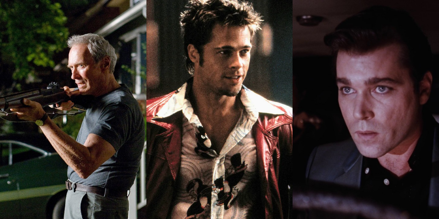 Split image showing Clint Eastwood in Gran Torino, Brad Pitt in Fight Club, and Ray Liotta in GoodFellas.