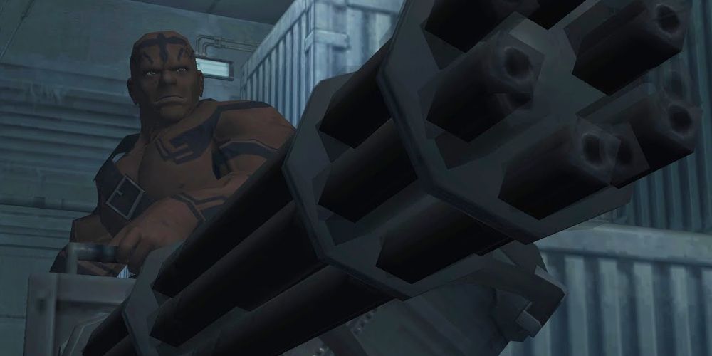 Vulcan Raven fires his gun in Metal Gear Solid