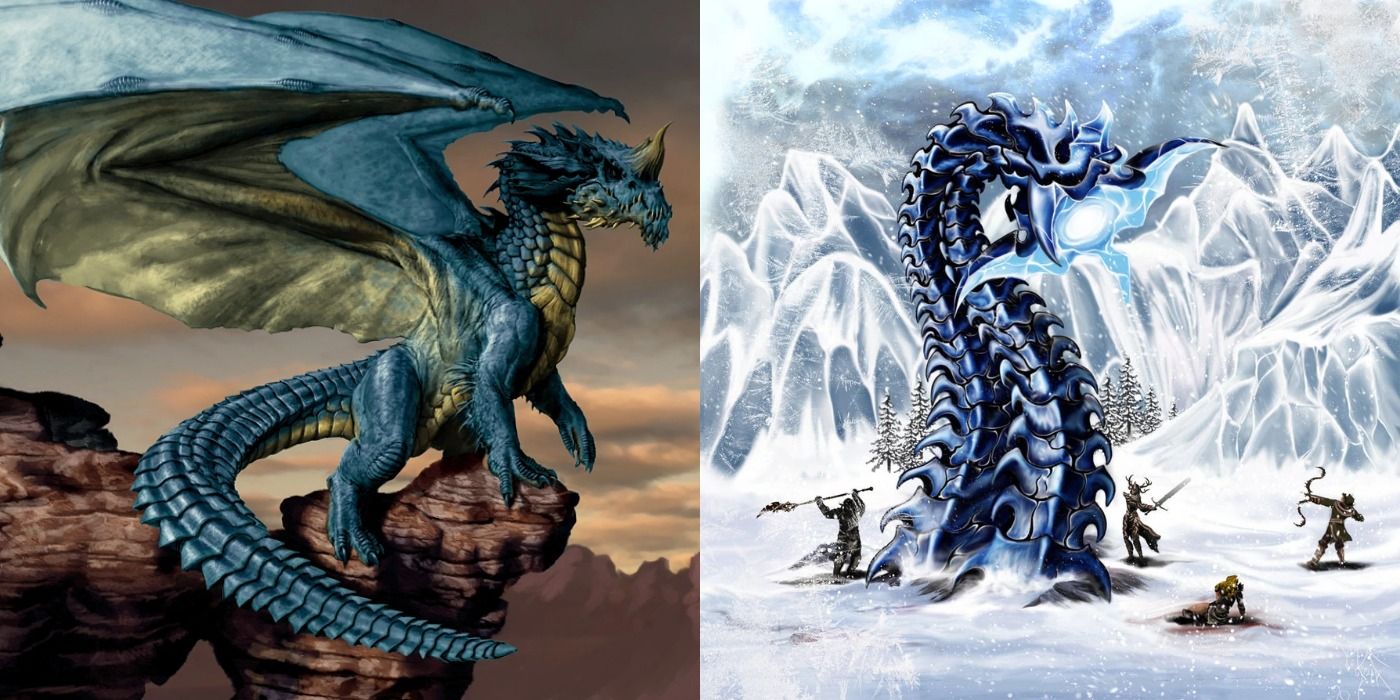 A blue dragon and a frost worm from Dungeons and Dragons