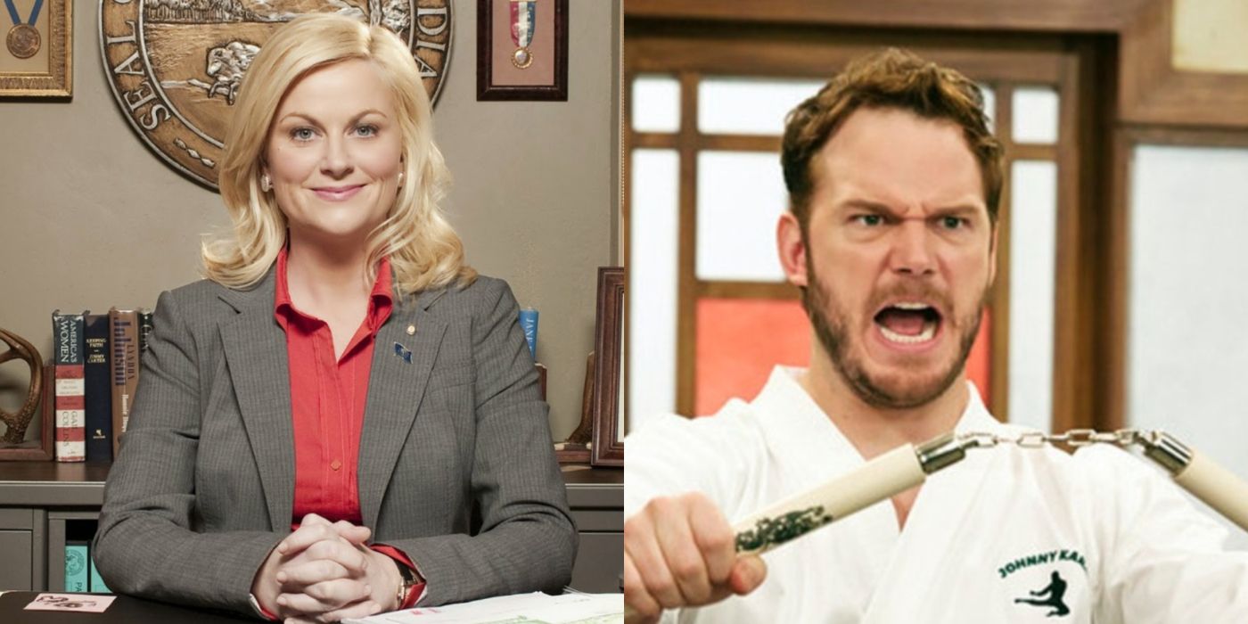 Split image of Leslie Knope and Andy Dwyer in Parks and Recreation
