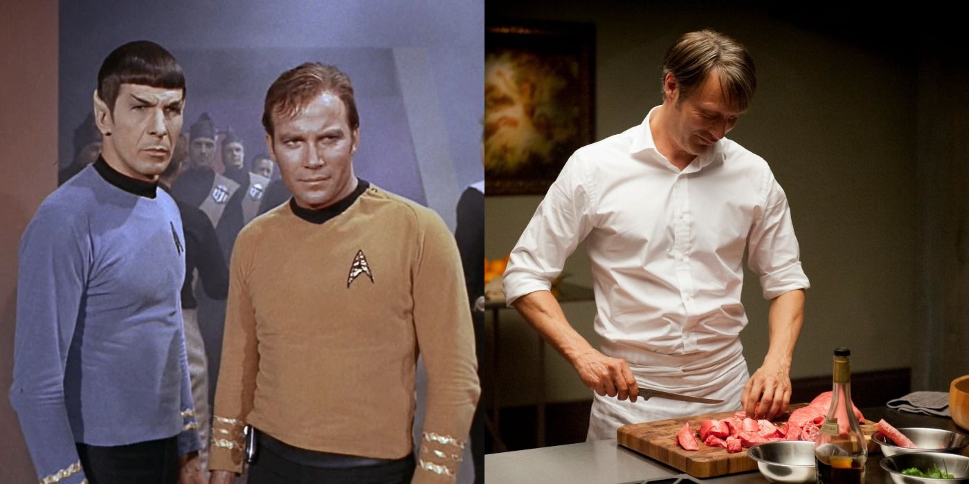 A split image of Hannibal cutting meat and Spock and Kirk standing together in Star Trek: The Original Series
