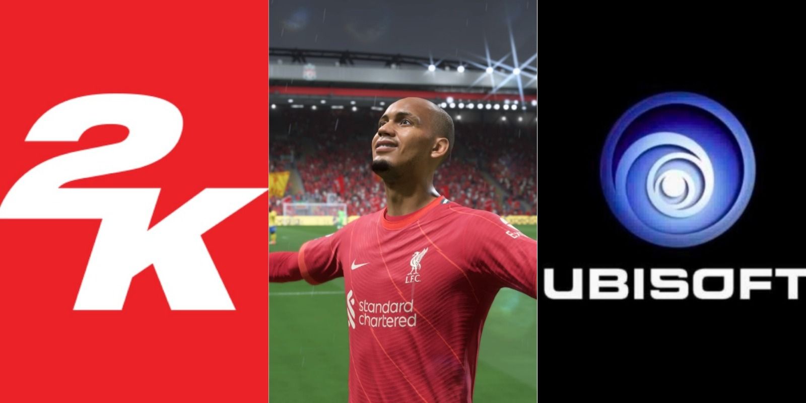 split of 2K logo, FIFA character, and Ubisoft logo