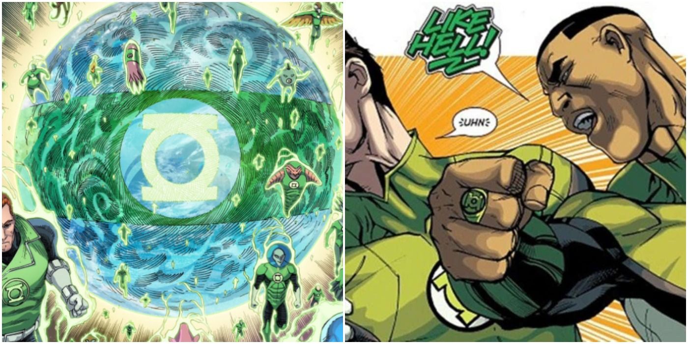 Split image of Green Lantern Corps and John Stewart
