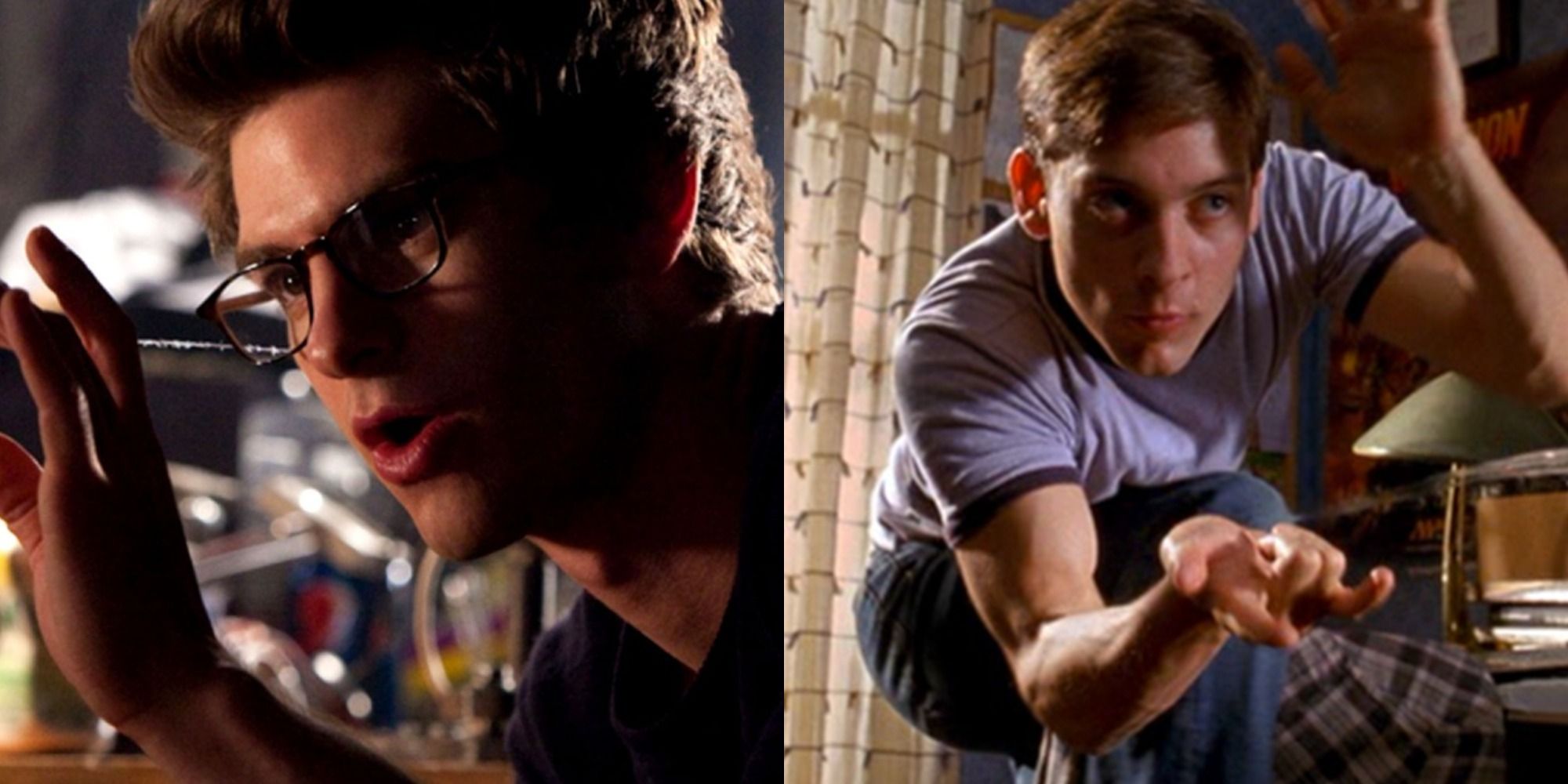 Split image of Andrew Garfield and Tobey Maguire as Spider-Man