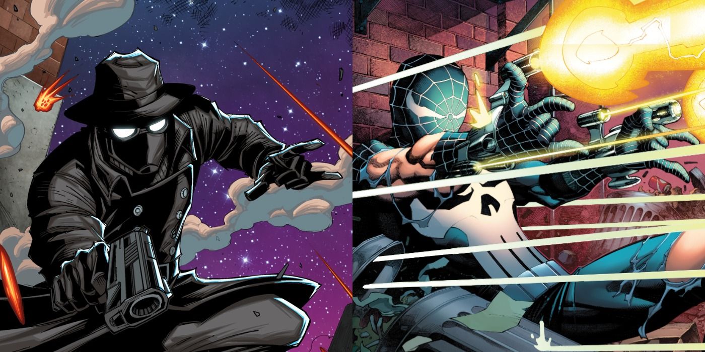 Spider-Man Noir and Spider-Punisher, both aiming and firing guns