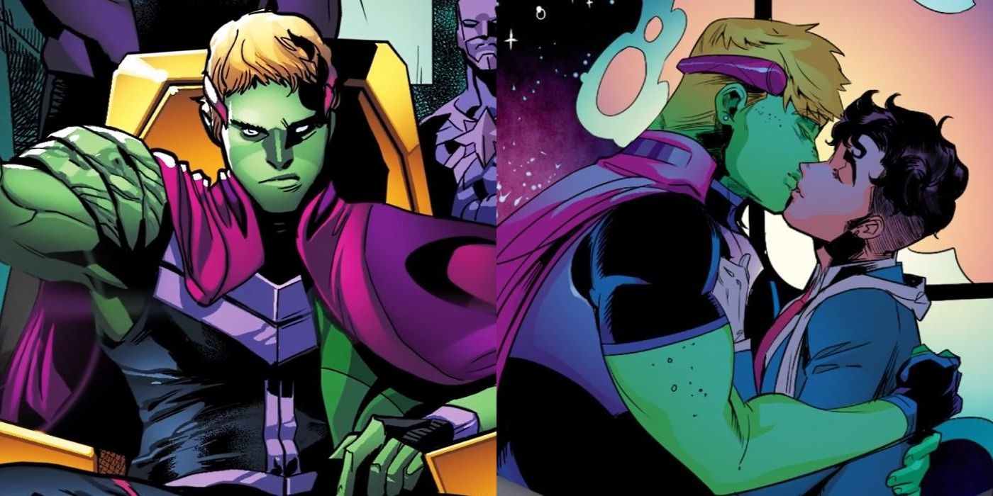 Marvel Comics' Hulkling, sitting on a throne and kissing Wiccan