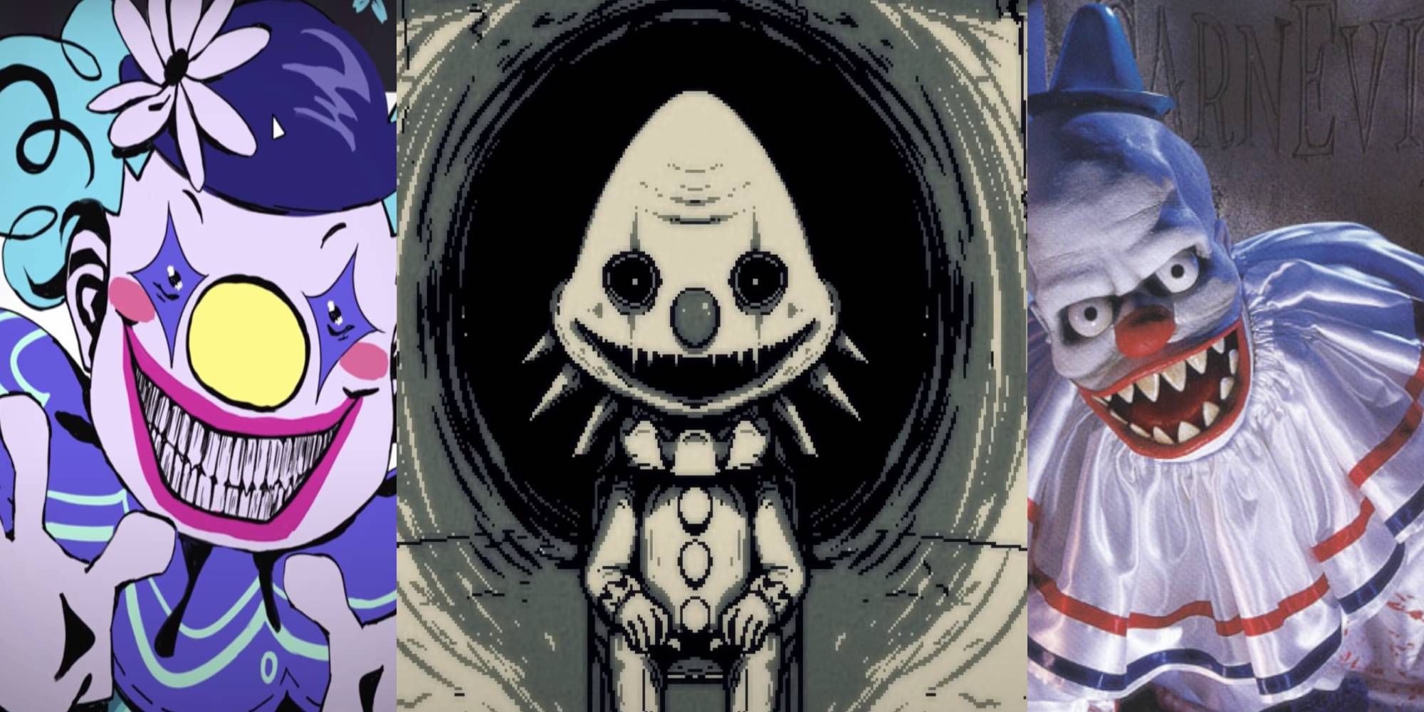 Split image of various clowns for horror video games