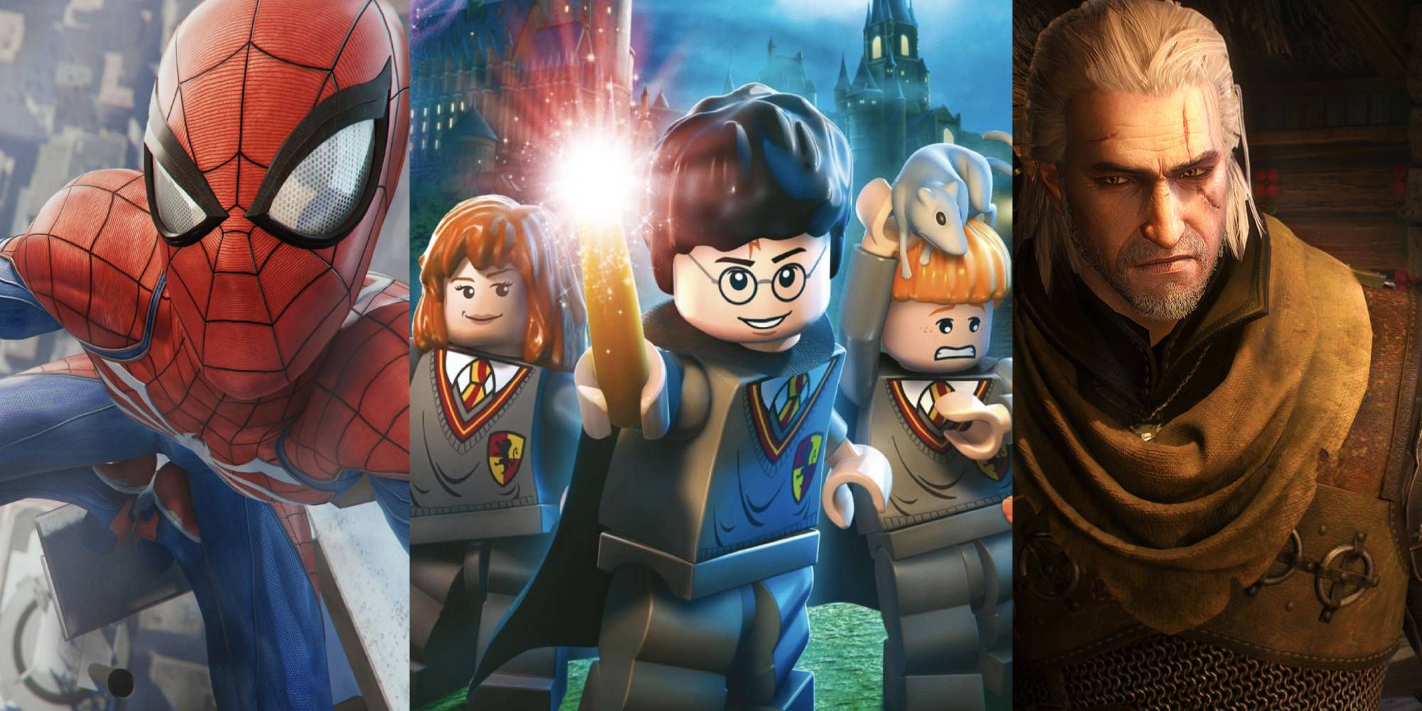 Split image of Spider-Man, Harry Potter, and The Witcher games