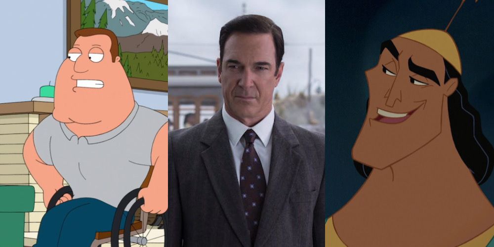 Joe from Family Guy next to an image of Warburton in A Series Of Unfortunate Events along side a picture of Kronk from the Emperor’s New Groove