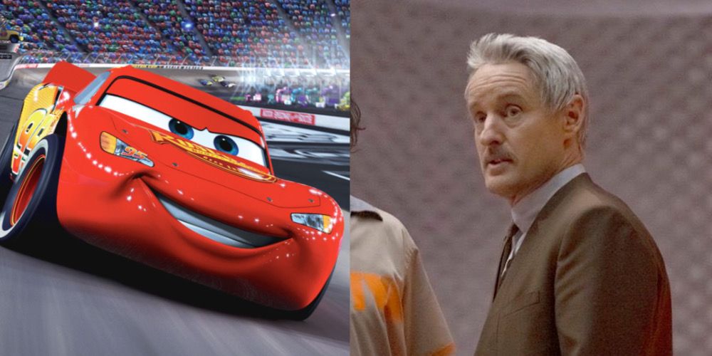 Lightning McQueen from Cars is racing next to an image of Owen Wilson playing Mobius in Loki