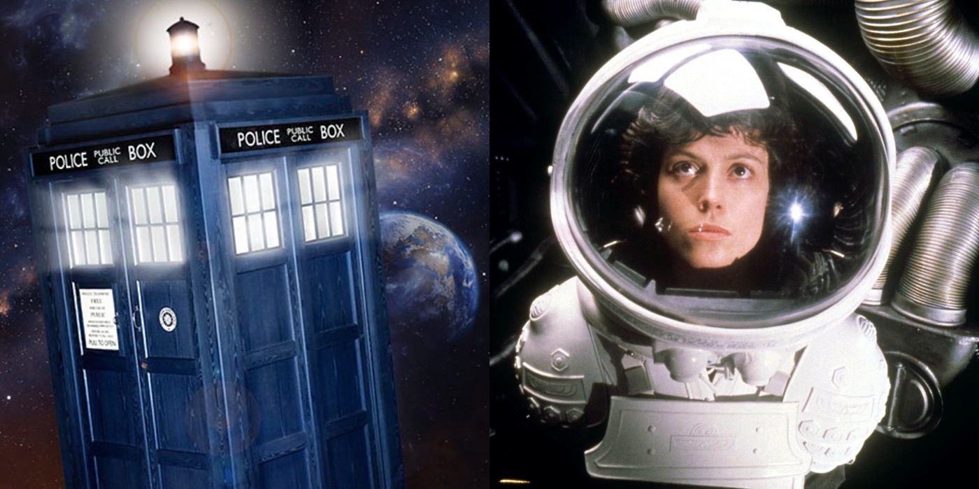 The TARDIS hovers in space, and Ellen Ripley looks nervous in her space suit.