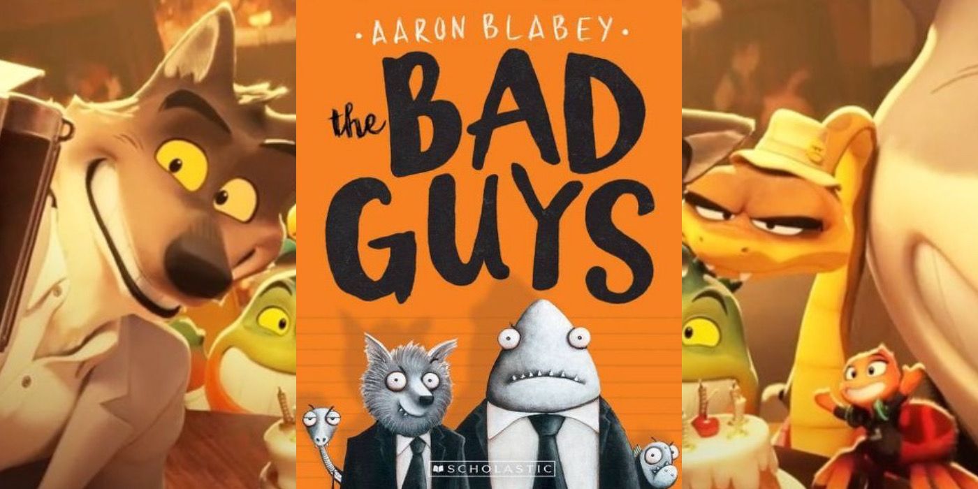 The cover of the first bad Guys book over an image of the Bad Guys in the movie