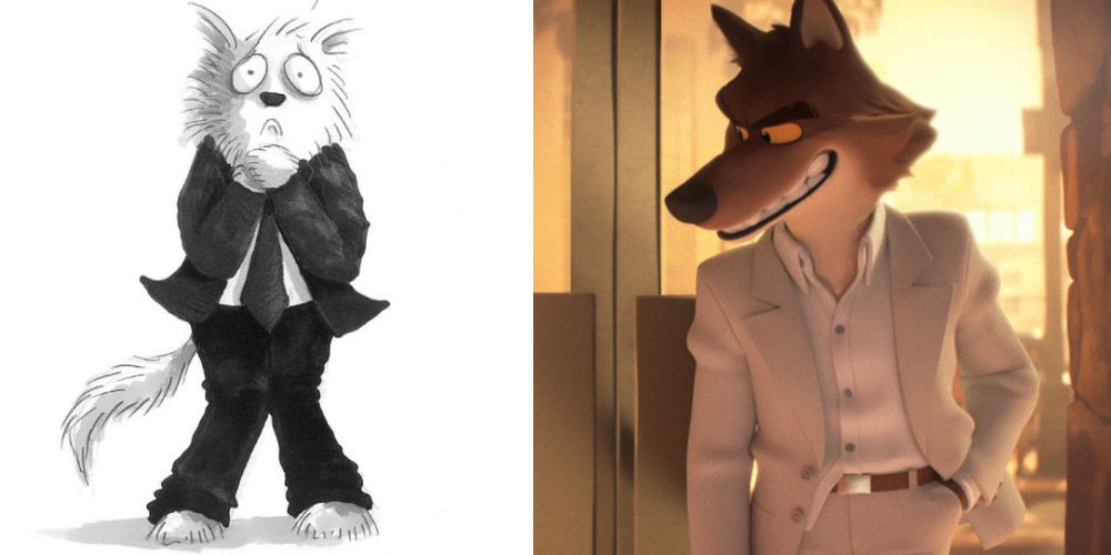 A sketch of the Wolf from the books is next to an image of the Wolf from The Bad Guys movie
