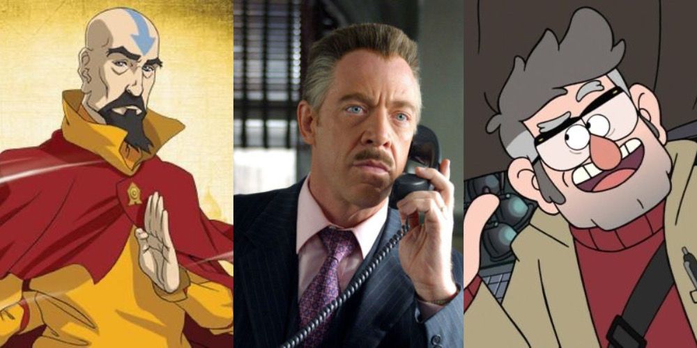 Tenzin from Legend Of The Korra is next to an image of Simmons playing J. Jonah Jameson in Spider-Man and an image of Ford Pines from Gravity Falls