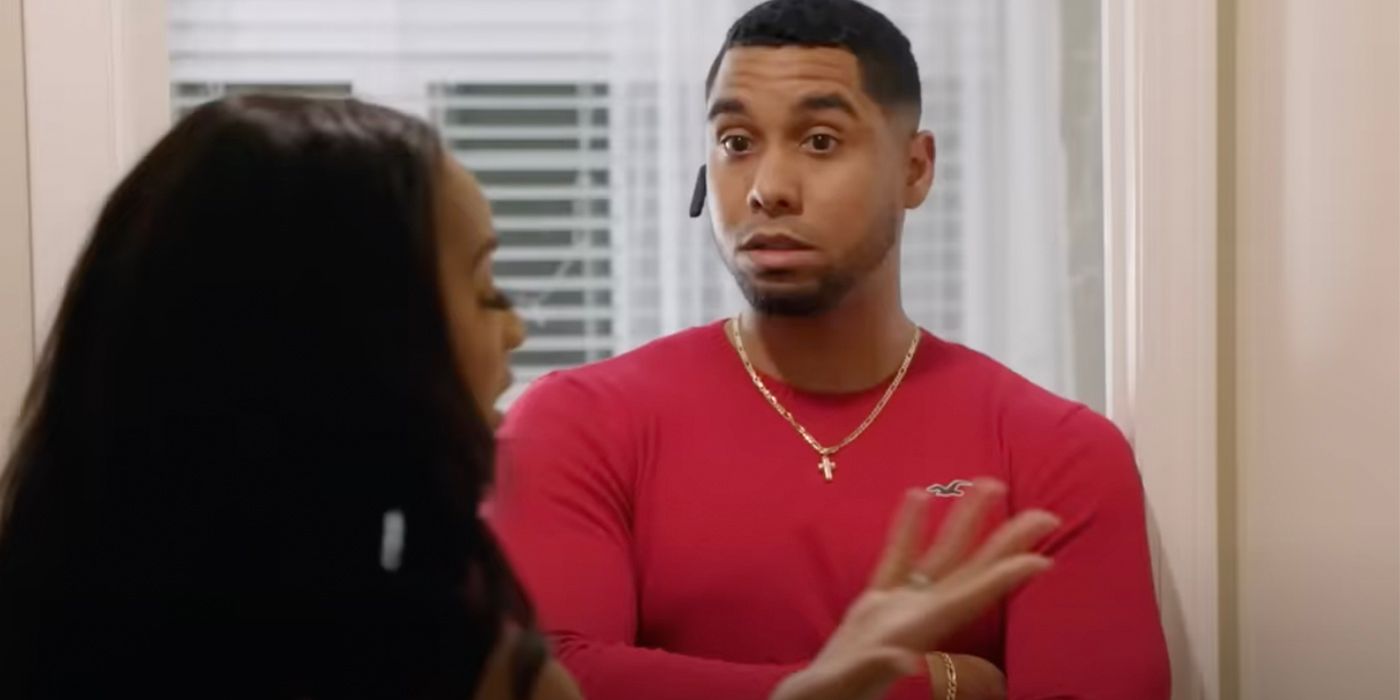 Pedro wearing a red shirt and Bluetooth device with Chantel Jimeno from 90 Day Fiancé and The Family Chantel