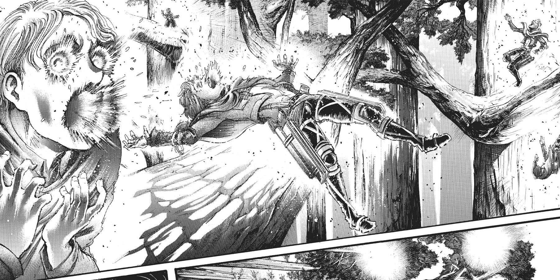 A Survey Corps member flying in the air as a Titan explodes in Attack on Titan manga