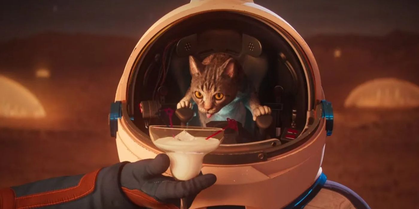 A cat in an astronaut suit sipping a margarita in Love Death Robots.
