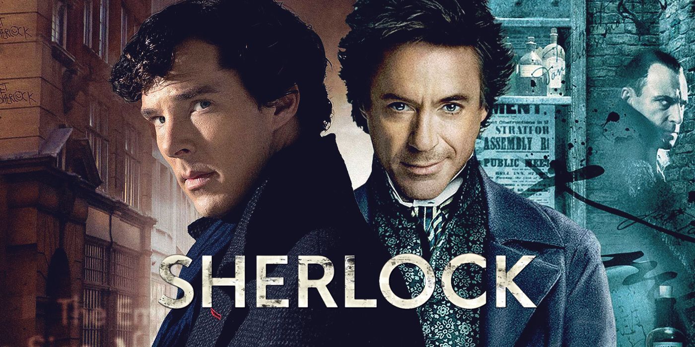A collage photo of Benedict Cumberbatch and Robert Downey Jr. Sherlock Holmes smiling in the movies