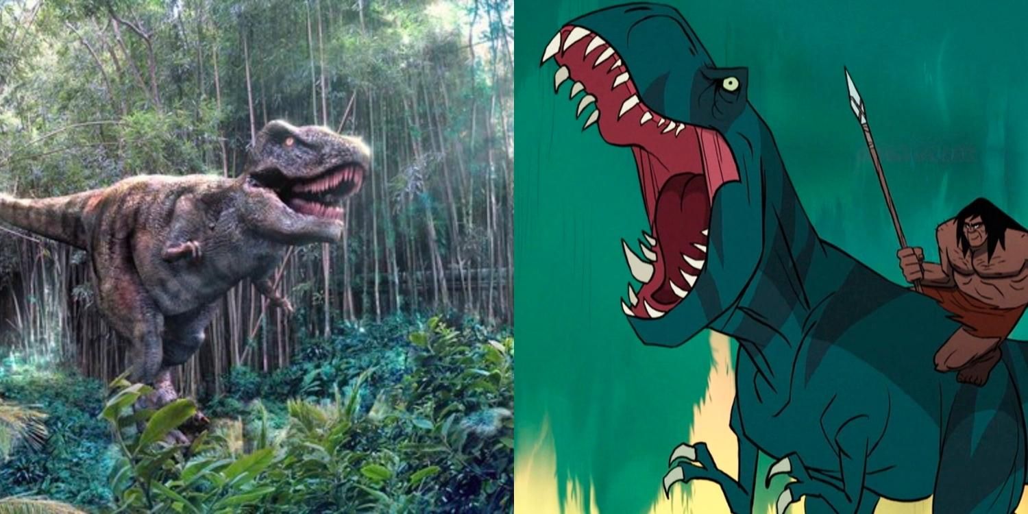 A dinosaur emerging from the forest in Terra Nova and Fang and Spear together in Primal