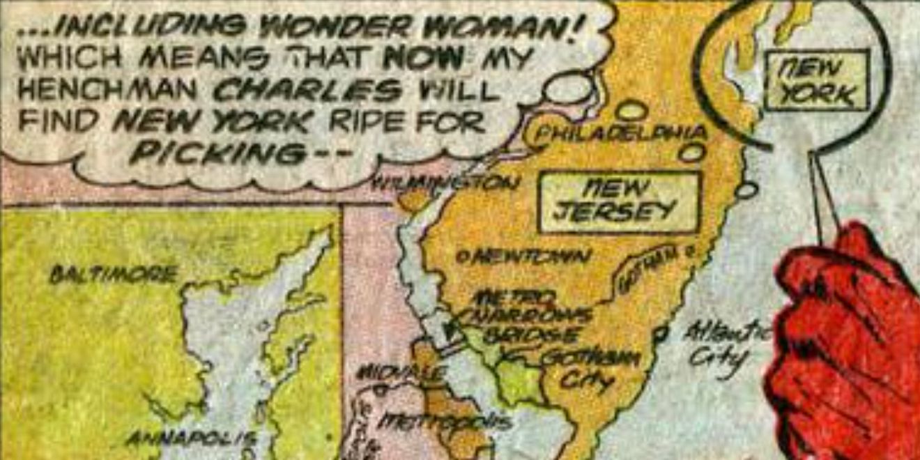 A map includes Gotham City in DC Comics in 1977