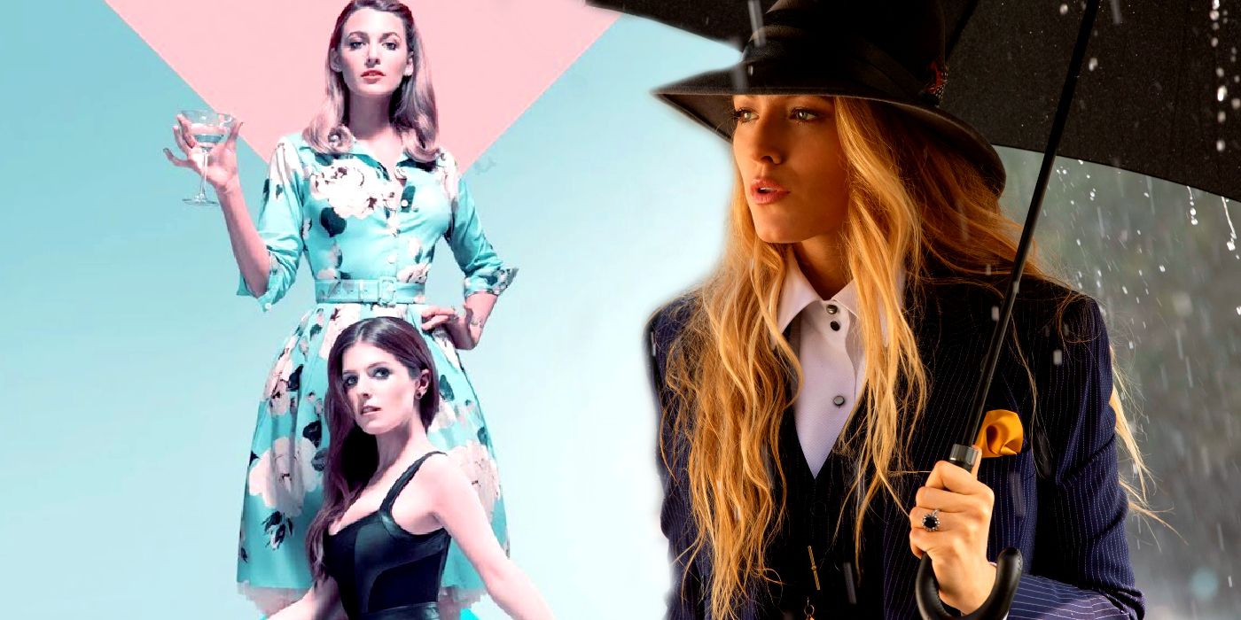 A composite image of Blake Lively standing in the rain with an umbrella on top of a promo image of Anna Kendrick and Black Lively in front of a blue background in A Simple Favor