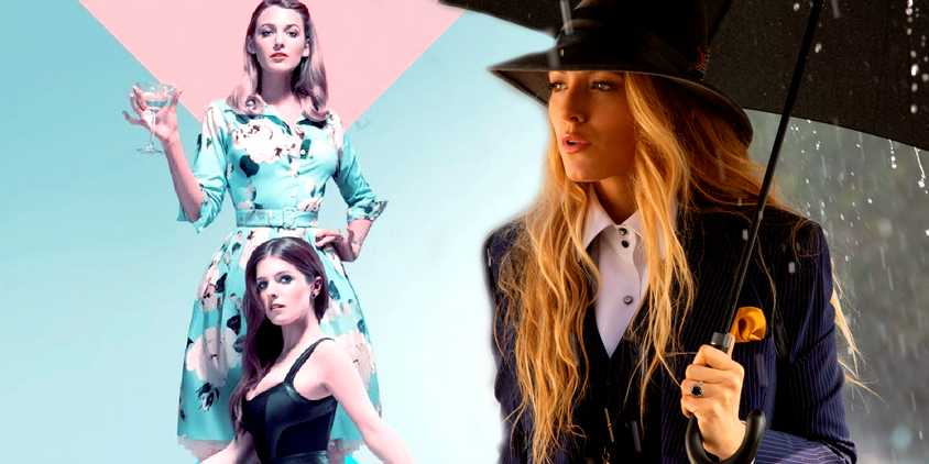 A composite image of Blake Lively standing in the rain with an umbrella on top of a promo image of Anna Kendrick and Black Lively in front of a blue background in A Simple Favor