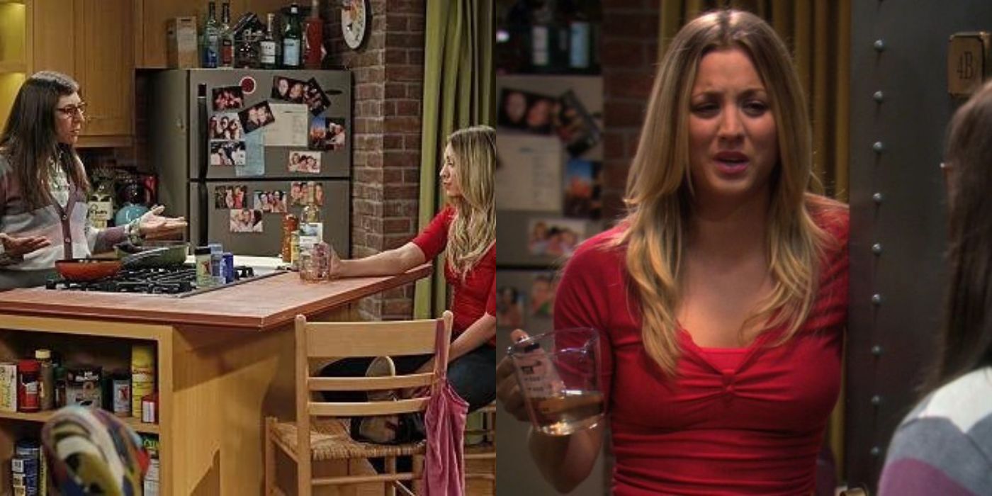 A split image of Amy And Penny in the kitchen on TBBT