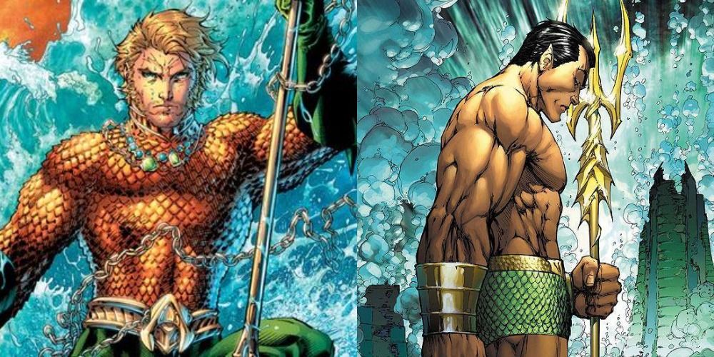 A split image of Aquaman and Namor holding a trident in the comics