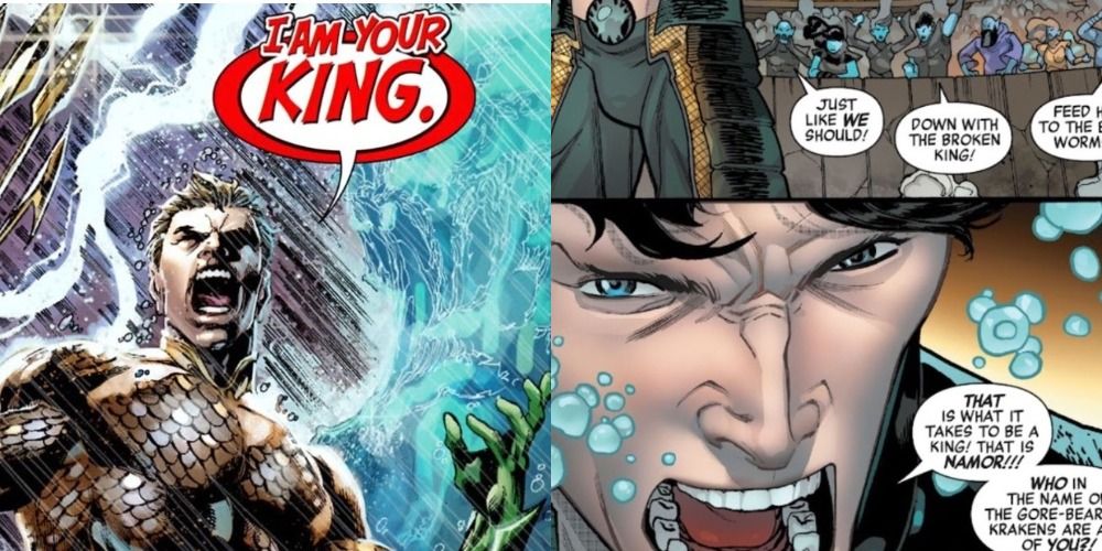 A split image of Aquaman screaming and King Namor screaming in the Marvel 
