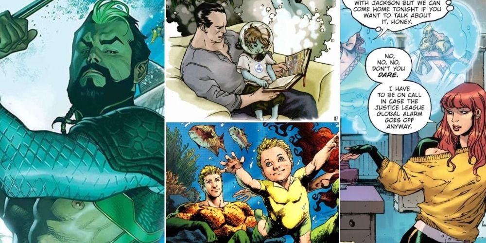 A split image of Aquaman with his children and Namor with his in the comics