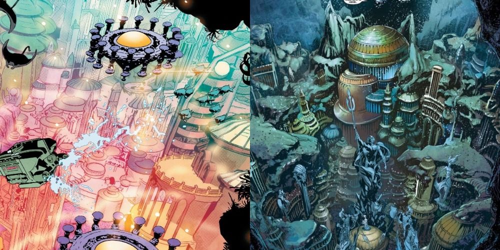 A split image of Atlantis in the Marvel in the comics
