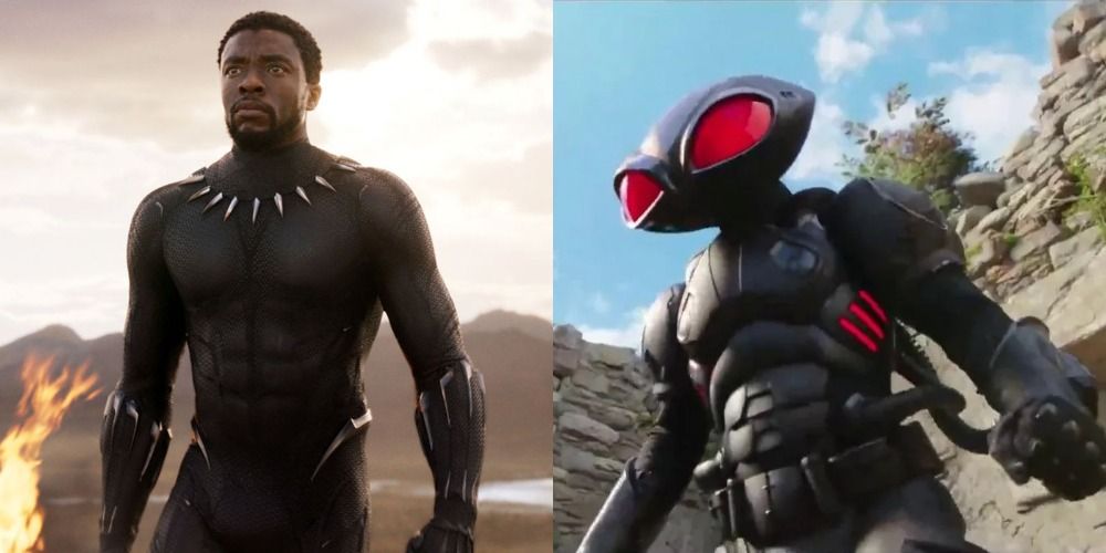 A split image of Black Panther walking on a battlefield and Black Manta preparing to fight