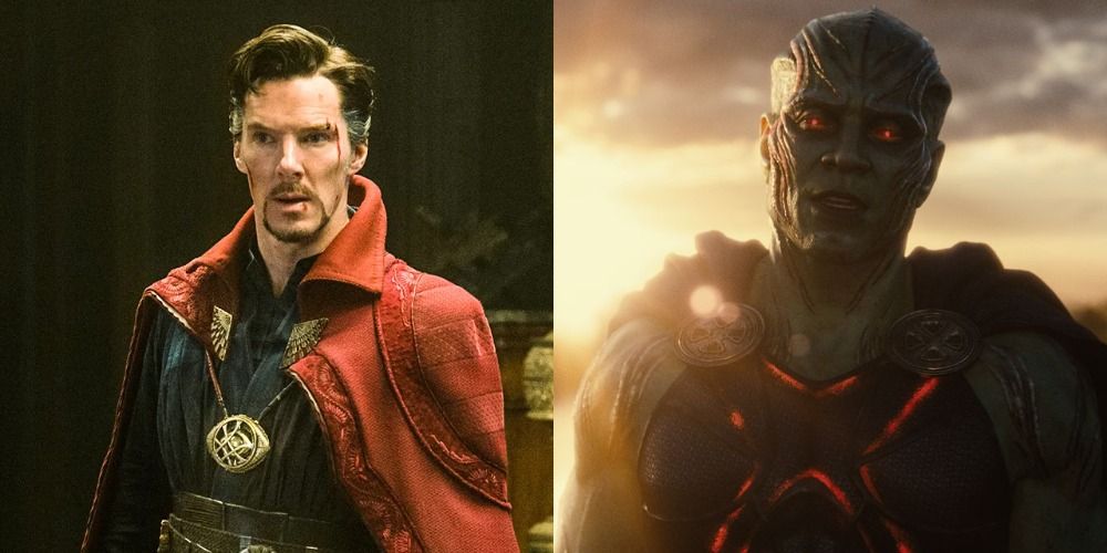 A split image of Doctor Strange looking shocked and Martian Manhunter