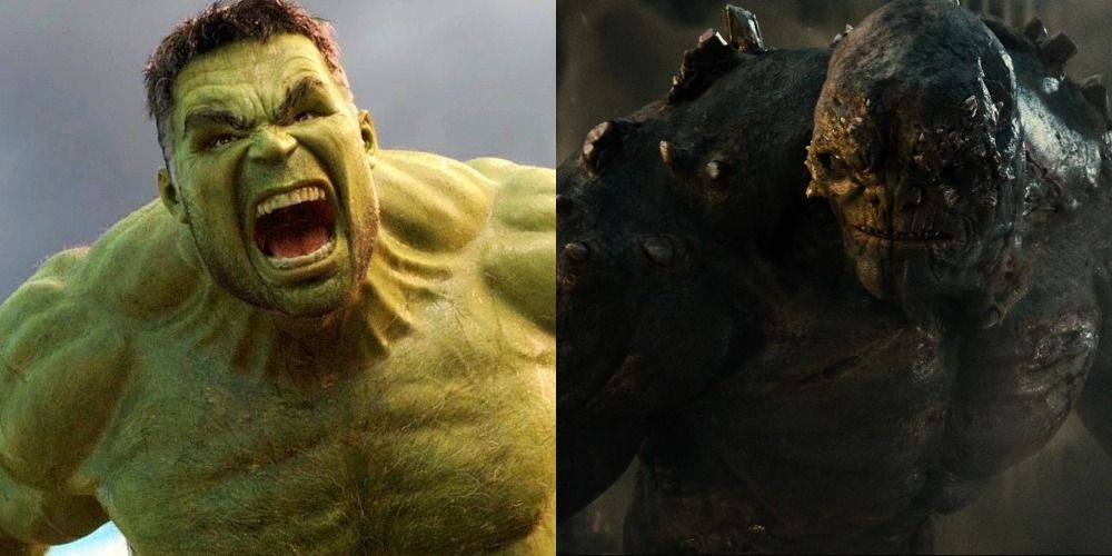 A split image of Doomsday and The Hulk